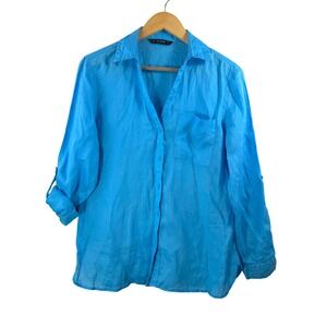 DUNNES Blue Linen Button Down Shirt Roll Tab Sleeves coastal sz S